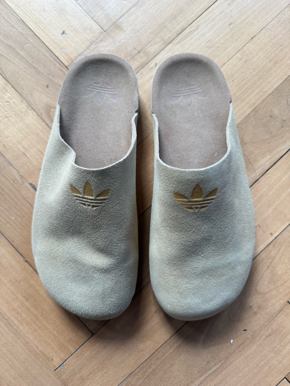 adidas Suede Slip-On Clogs in Olive Tan